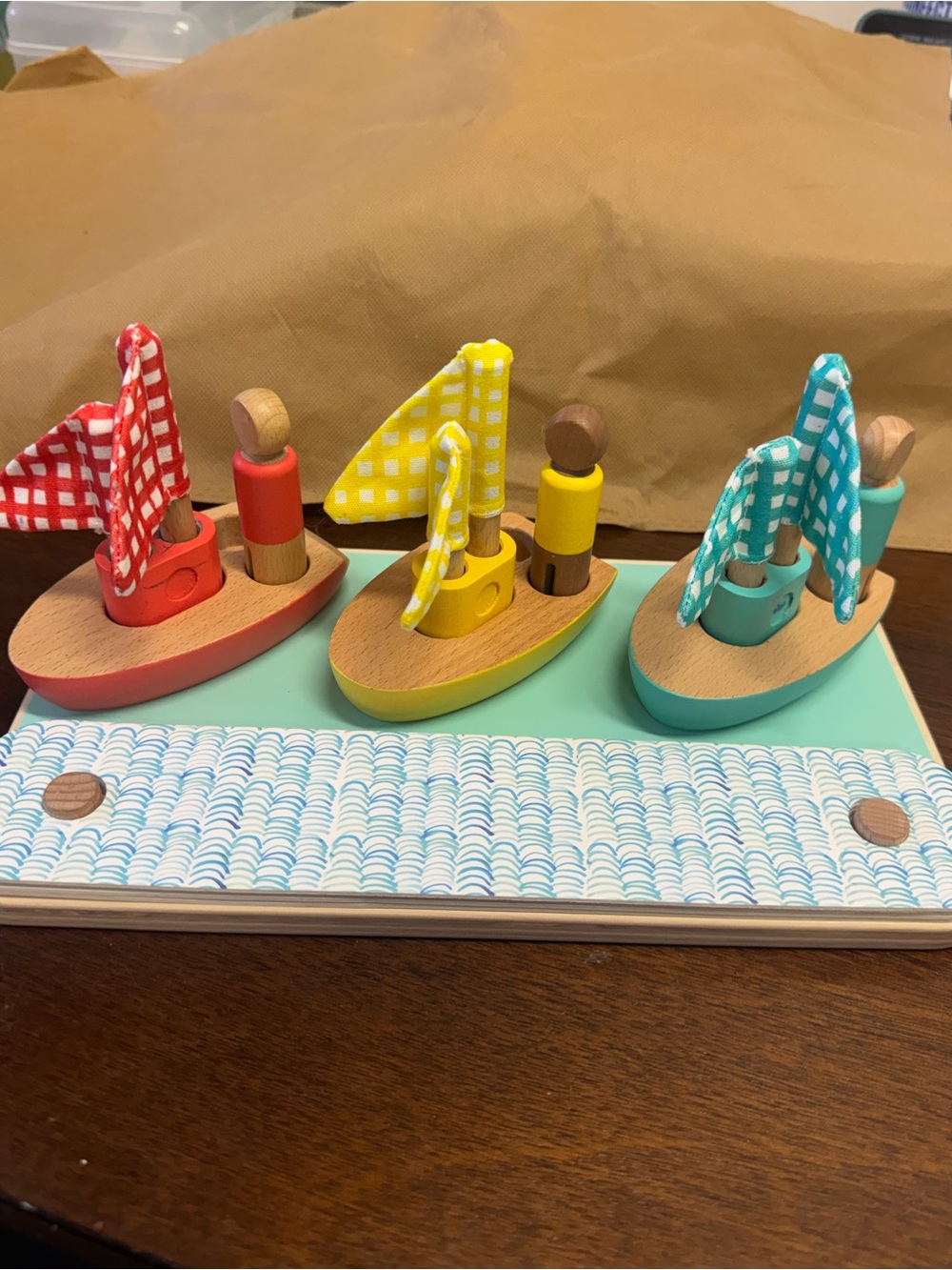 Wooden Trio Sailboat Set in Red, Yellow & Teal